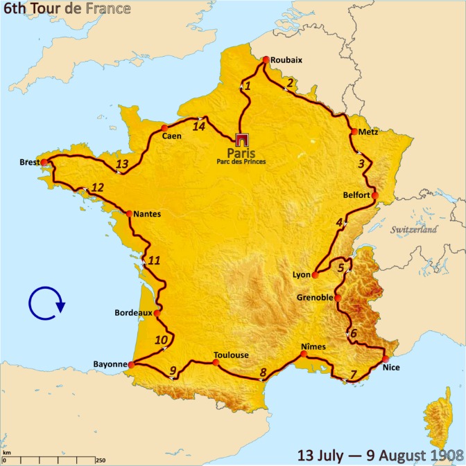 Carte du parcours du Tour de France 1908