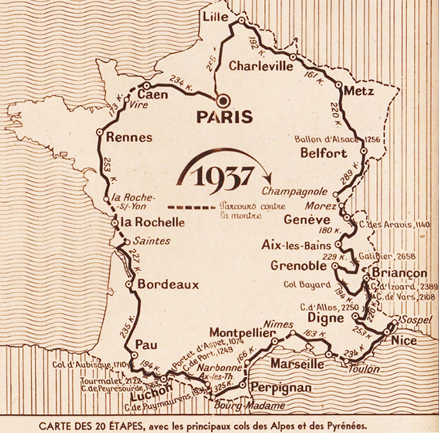 Carte du parcours du Tour de France 1937