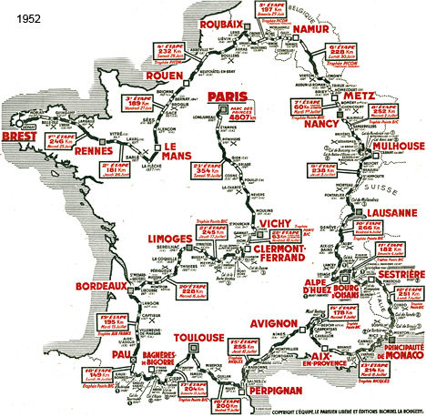 Carte du parcours du Tour de France 1952
