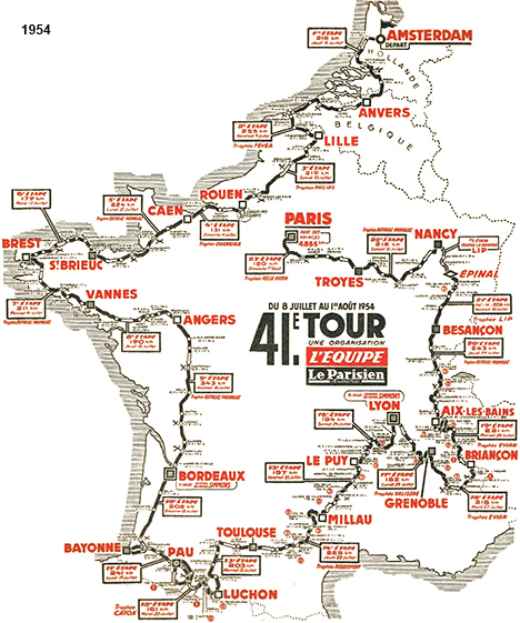 Carte du parcours du Tour de France 1954