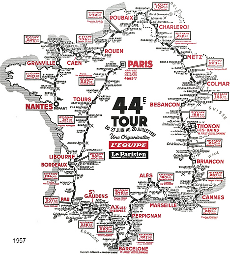 Carte du parcours du Tour de France 1957