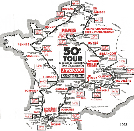 Carte du parcours du Tour de France 1963