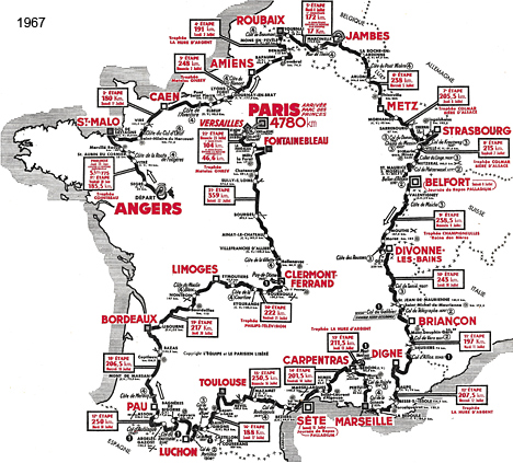 Carte du parcours du Tour de France 1967
