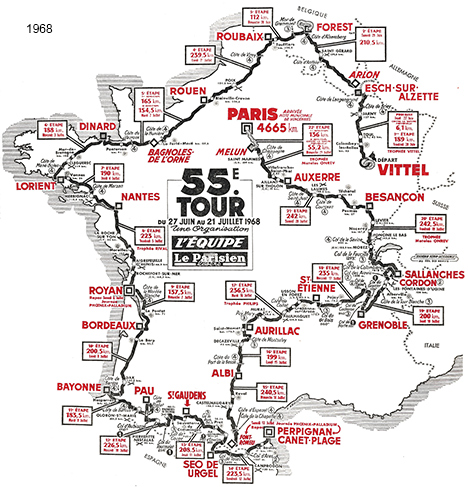 Carte du parcours du Tour de France 1968