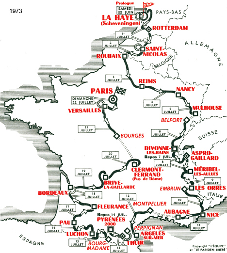 Carte du parcours du Tour de France 1973