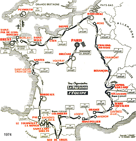 Carte du parcours du Tour de France 1974