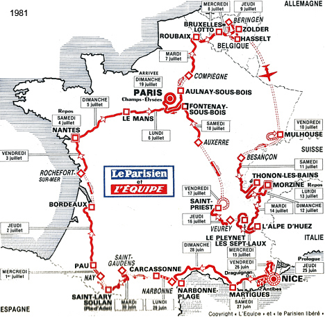 Carte du parcours du Tour de France 1981