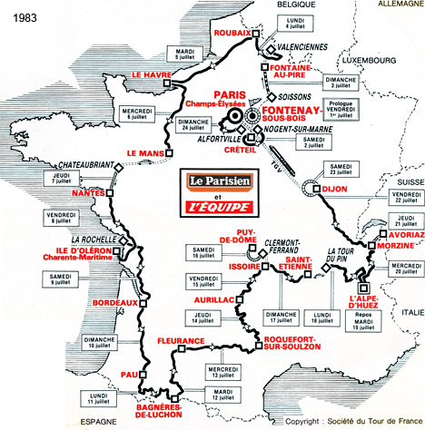 Carte du parcours du Tour de France 1983