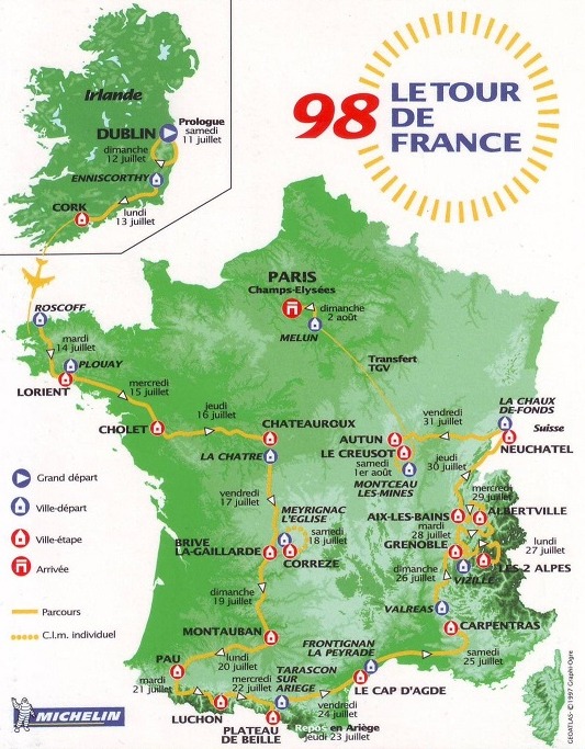 Carte du parcours du Tour de France 1998