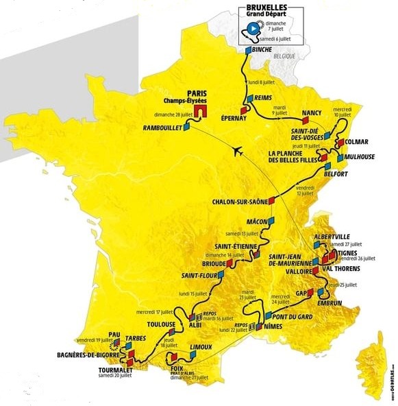 Carte du parcours du Tour de France 2019
