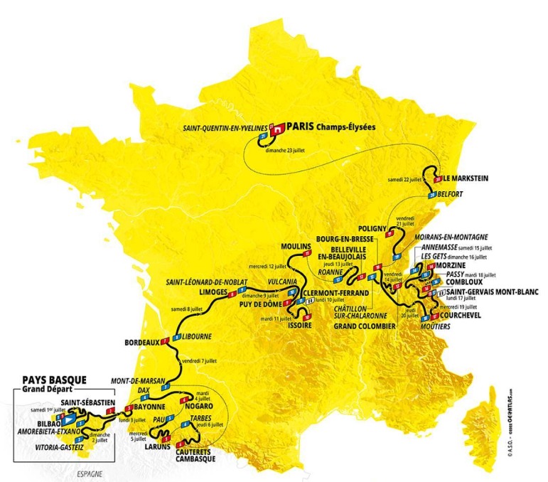 Carte du parcours du Tour de France 2023