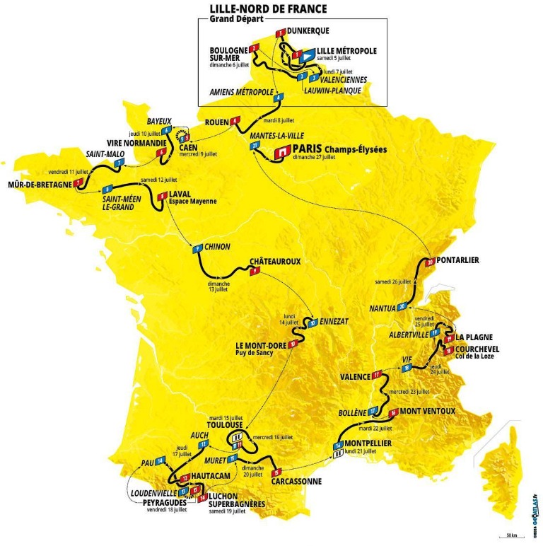 Carte du parcours du Tour de France 2025